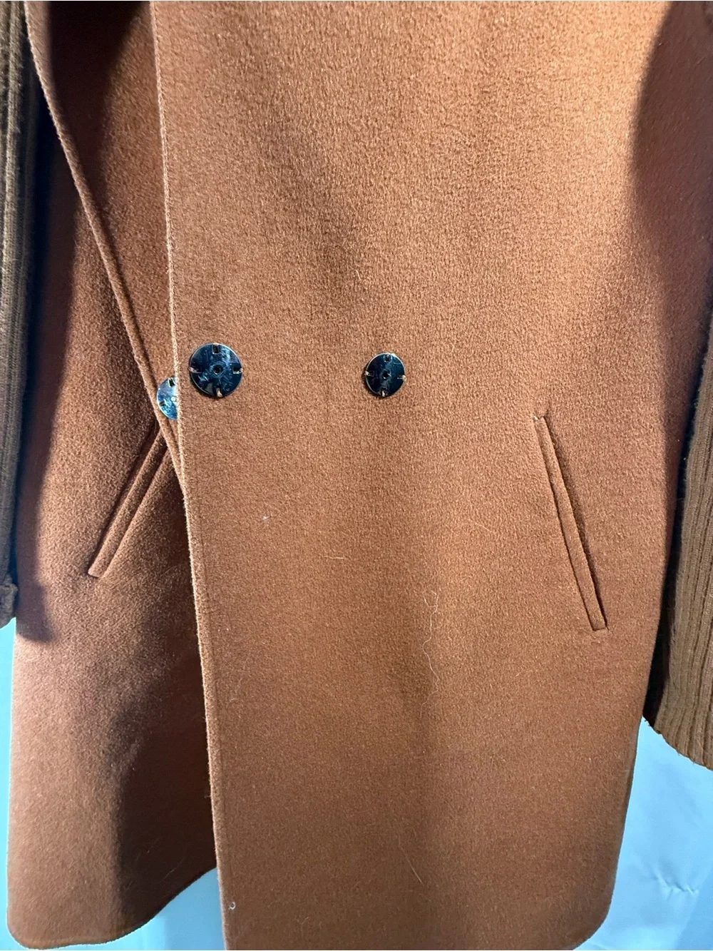 Kenneth Cole Rust-Brown Wool Blend Pea Coat with Ribbed Sleeves Size Medium